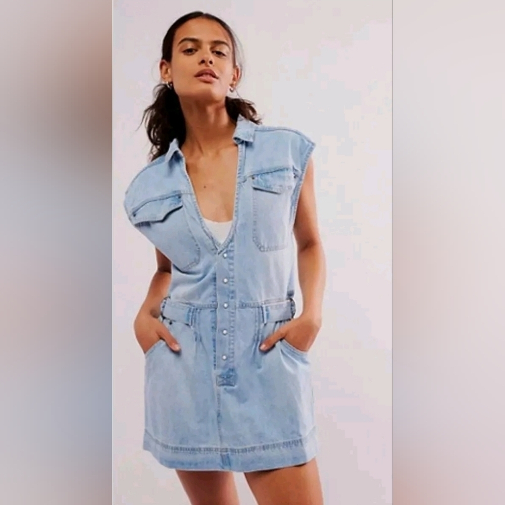NWOT Free People Rowley Denim Mini Dress In Sunbleached